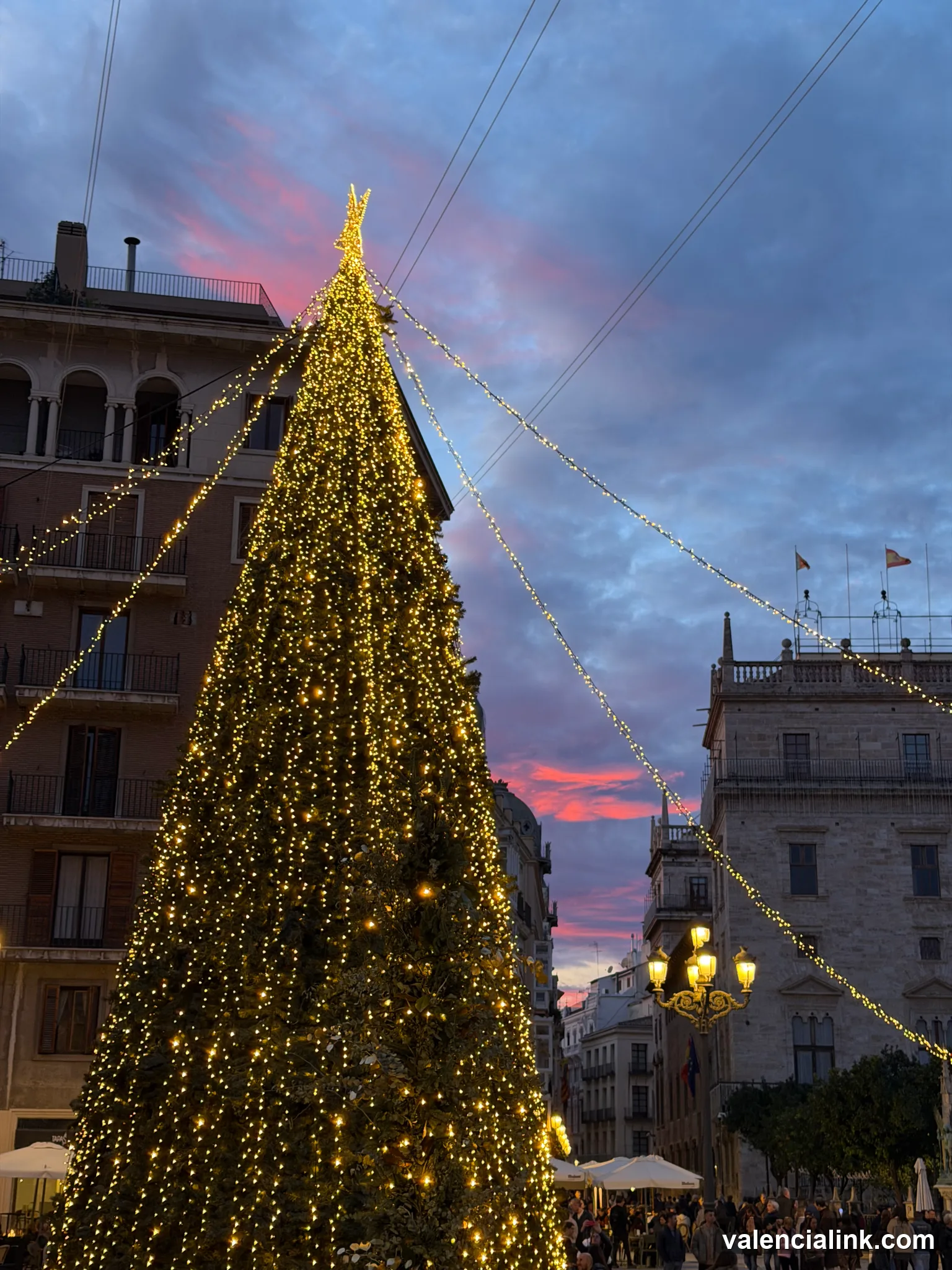 Illuminated Christmas tree with golden lights against a twilight sky with pink and blue hues.