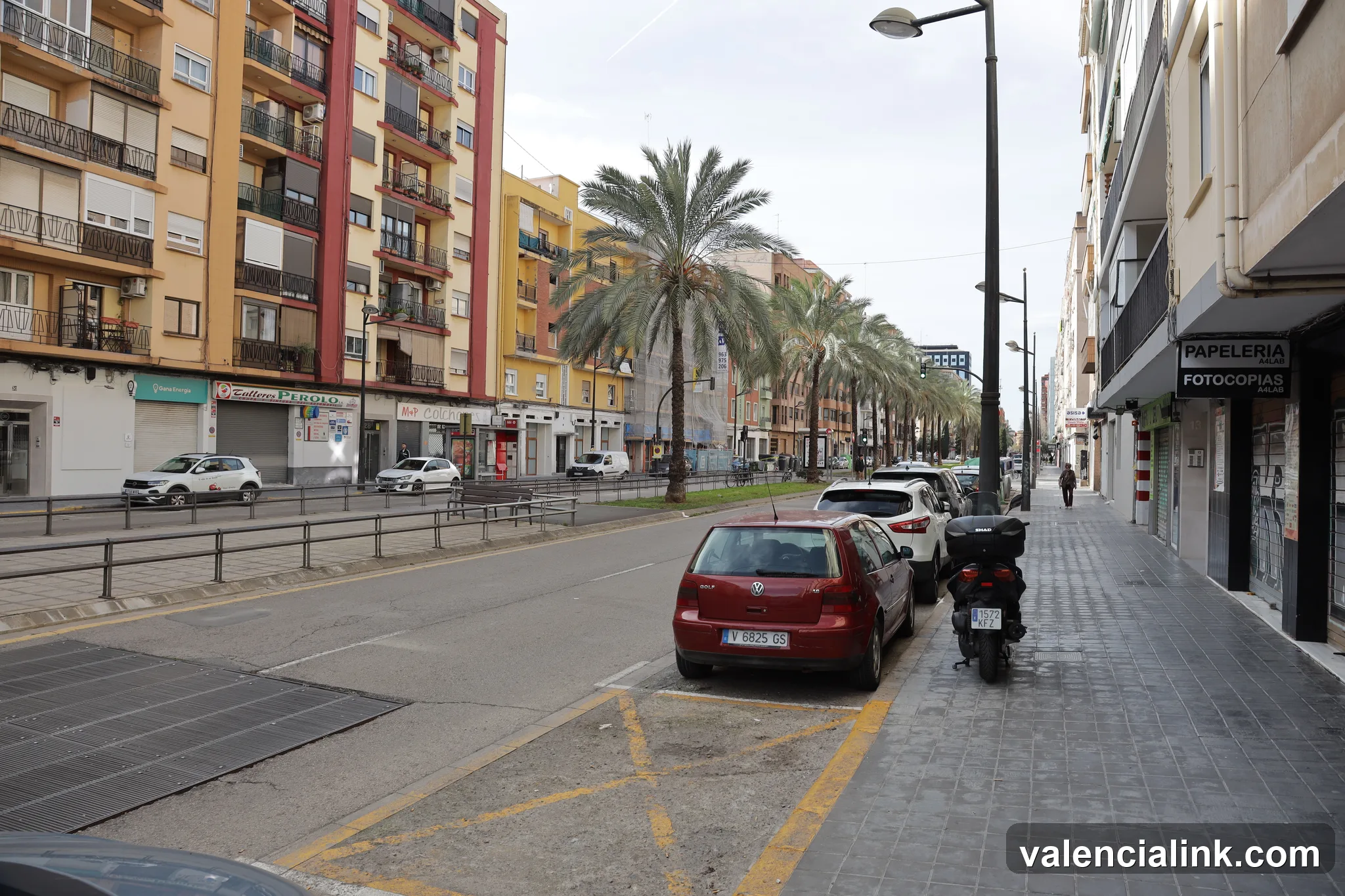 Parked cars and a scooter on a street with palm trees and residential buildings.