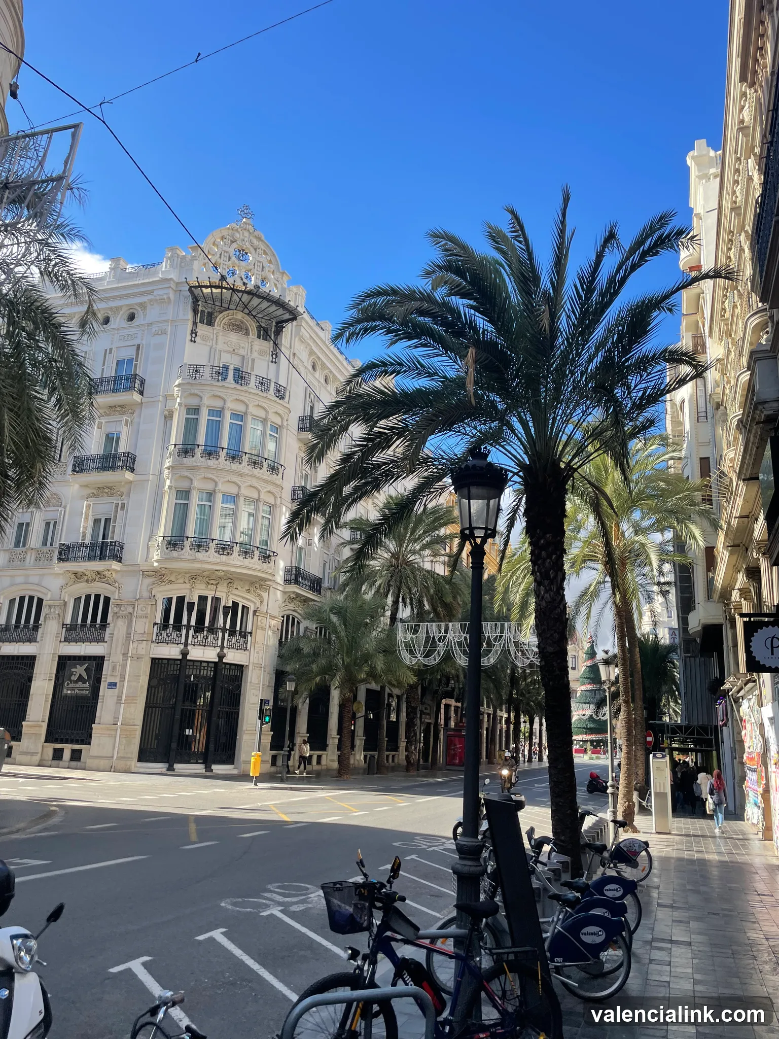Historic street with palm trees, bicycles, and ornate buildings under a clear blue sky.