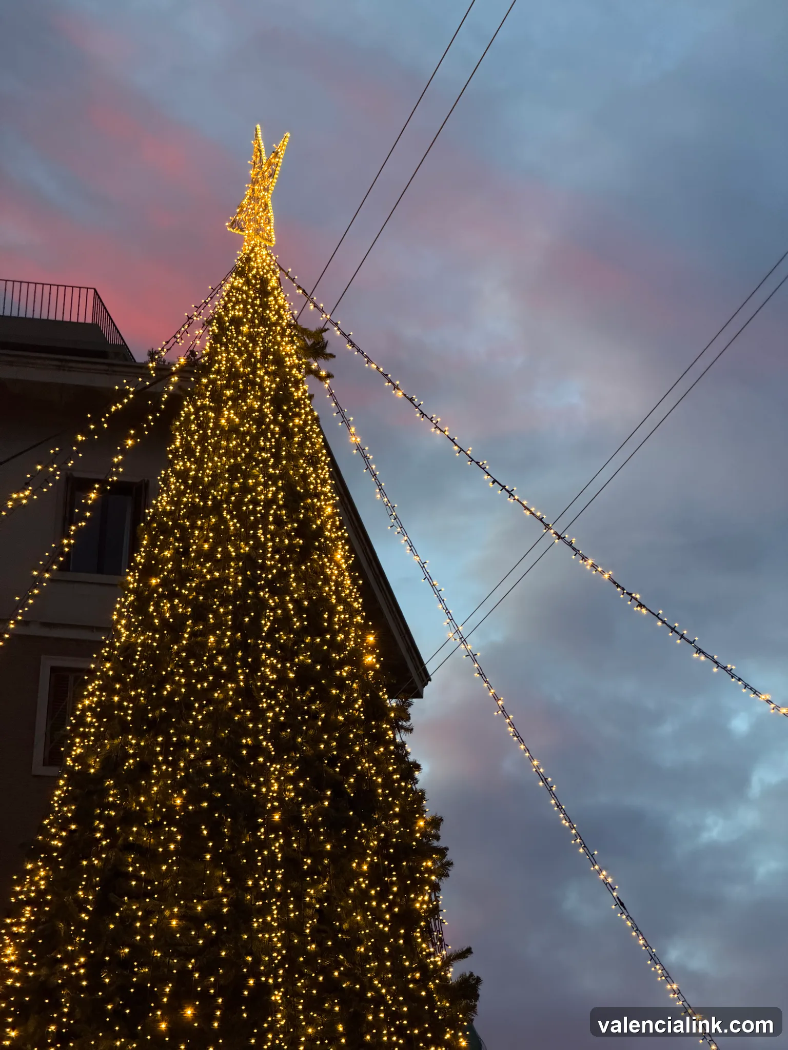 Illuminated Christmas tree with golden lights against a twilight sky.